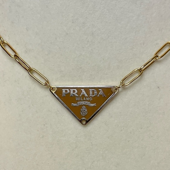 Upcycled Gold & Tan Triangle Logo Paper Clip Chain Necklace - Picture 2 of 3